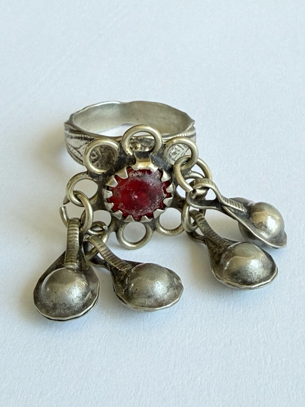 Vintage Tribal Silver Ring with Red Stone